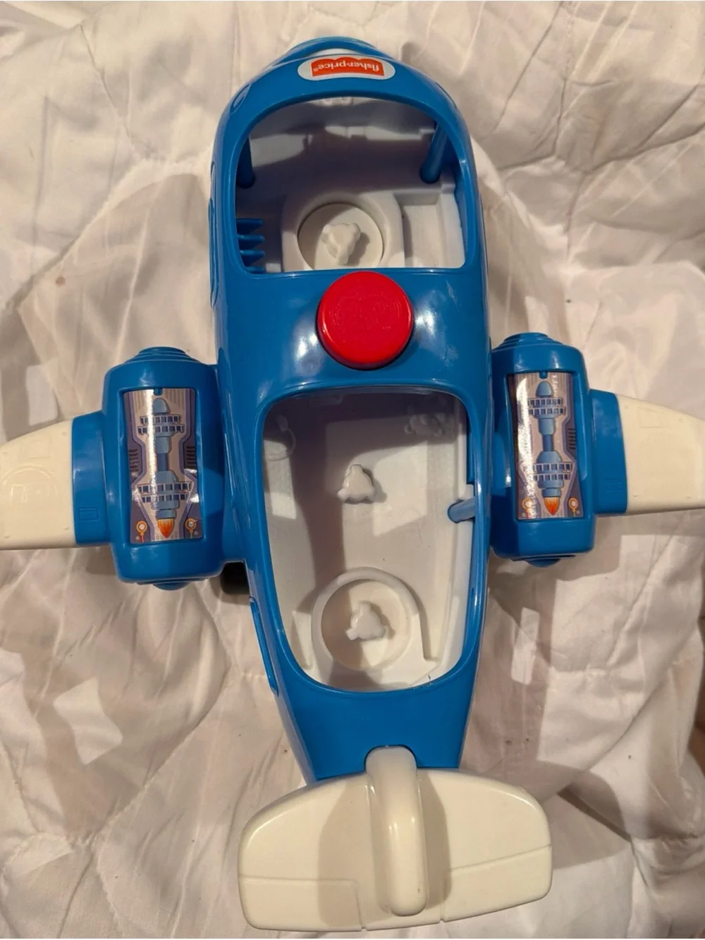 Fisher-Price Blue and White Toy Airplane with Red Button
